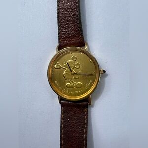 Vintage Gold Lorus Mickey Mouse Watch with Brown Leather Strap